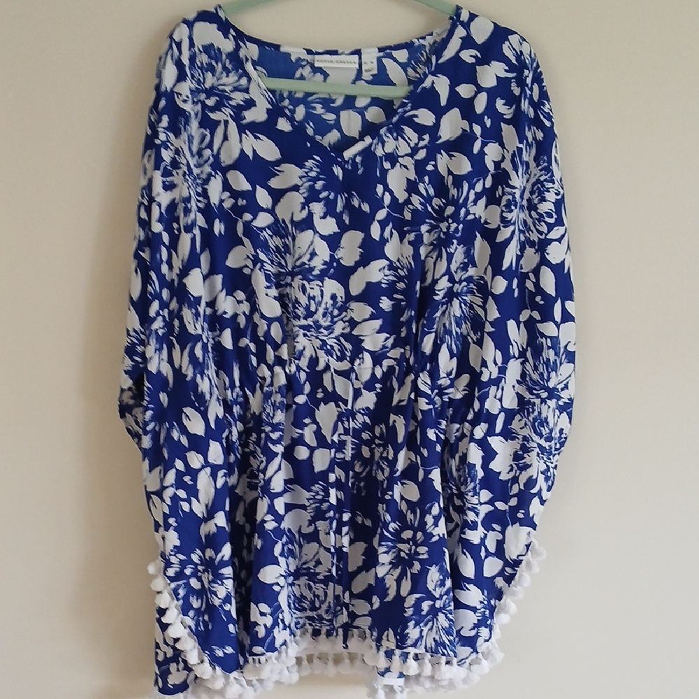 Susan Graver scarf top blue floral tunic swim cover-up 1X